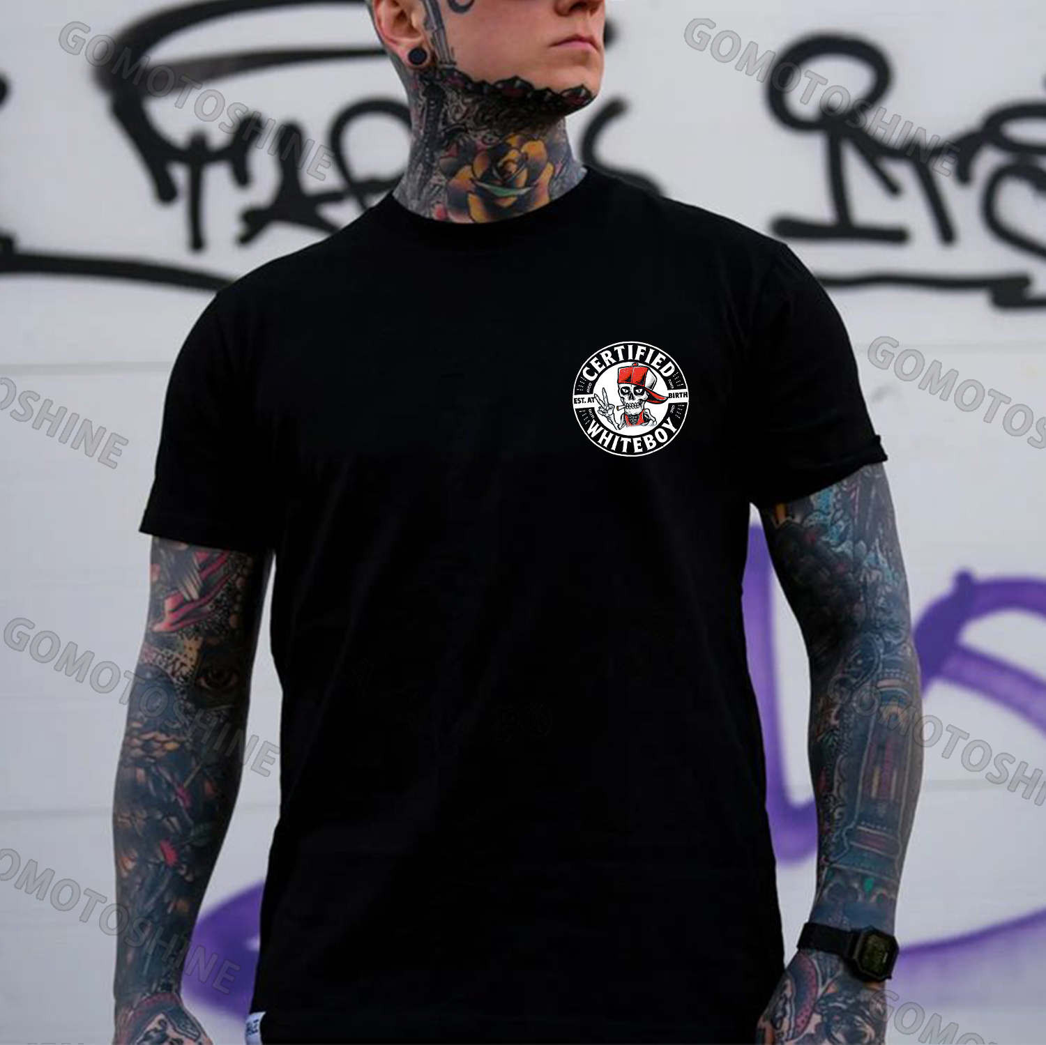 CERTIFIED WHITEBOY EST. AT BIRTH Skull with Peace Sign Print Men's T-shirt Image - 2