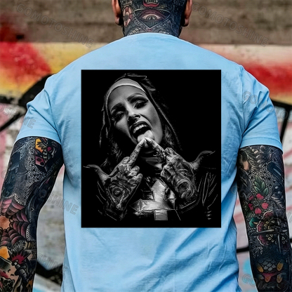 Nun with Crucifix Graphic Dark Style Black Print T-shirt Image - 18