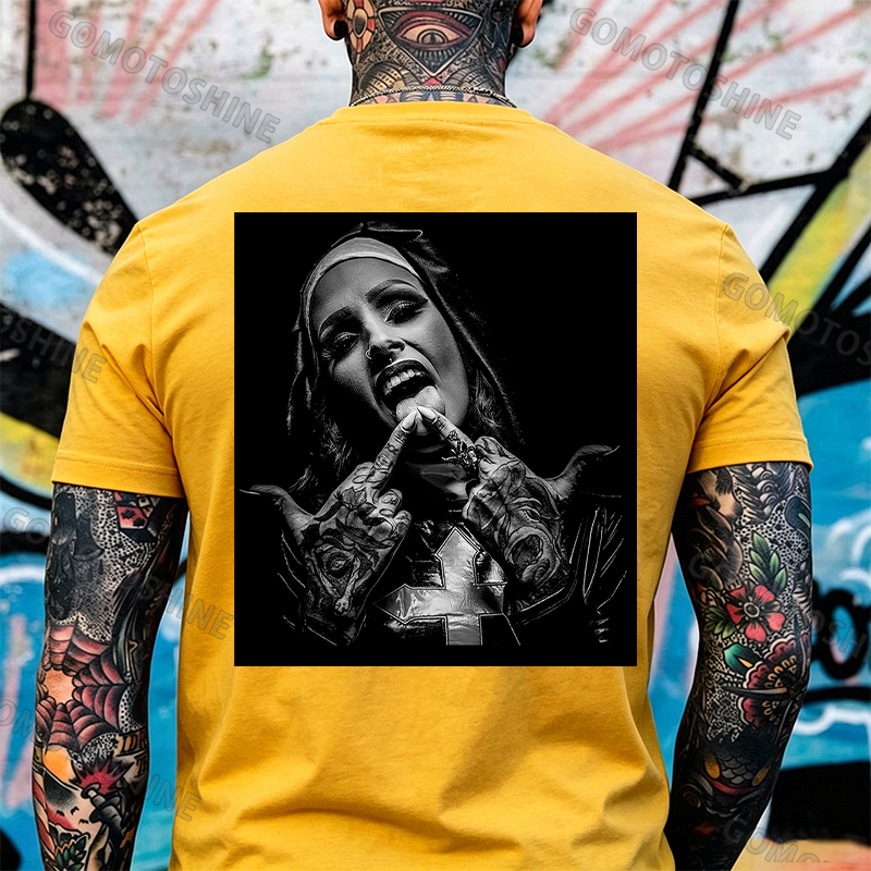 Nun with Crucifix Graphic Dark Style Black Print T-shirt Image - 29