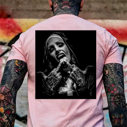Nun with Crucifix Graphic Dark Style Black Print T-shirt Image - 19
