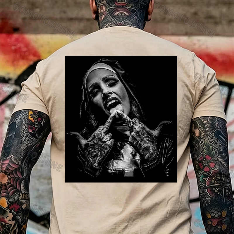 Nun with Crucifix Graphic Dark Style Black Print T-shirt Image - 23