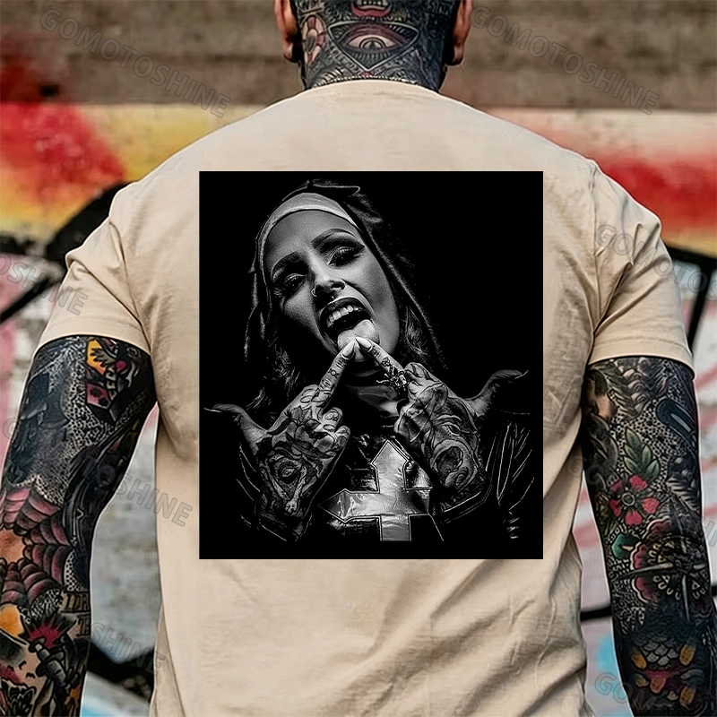 Nun with Crucifix Graphic Dark Style Black Print T-shirt Image - 23