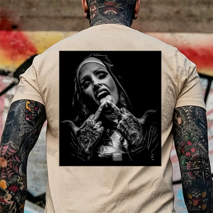 Nun with Crucifix Graphic Dark Style Black Print T-shirt Image - 23