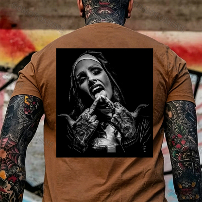Nun with Crucifix Graphic Dark Style Black Print T-shirt Image - 24
