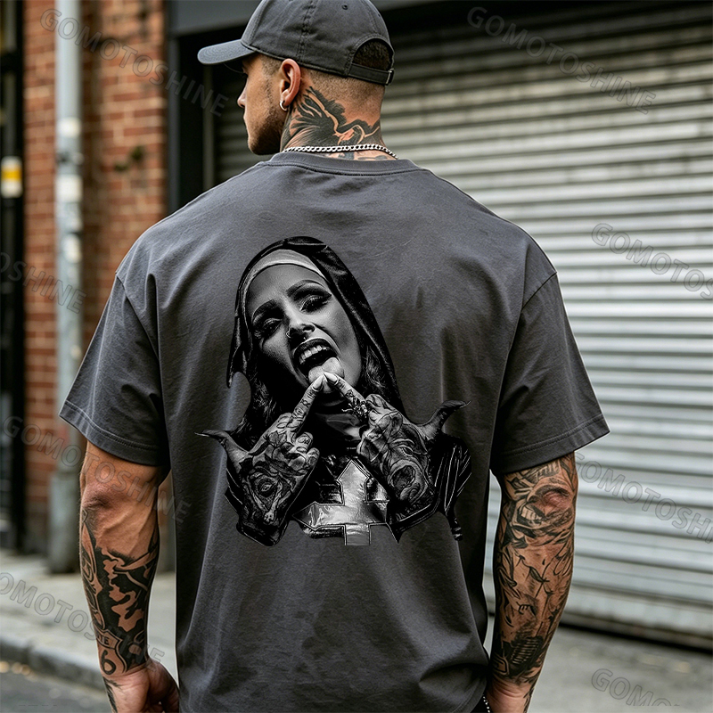 Nun with Crucifix Graphic Dark Style Black Print T-shirt Image - 26