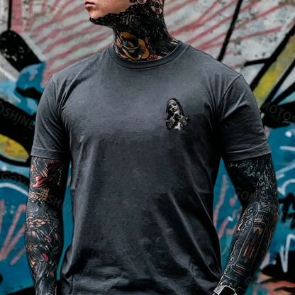 Nun with Crucifix Graphic Dark Style Black Print T-shirt Image - 27