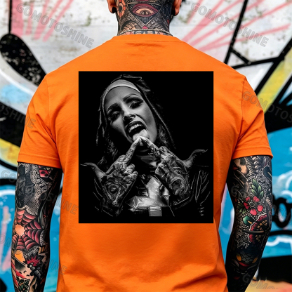 Nun with Crucifix Graphic Dark Style Black Print T-shirt Image - 28