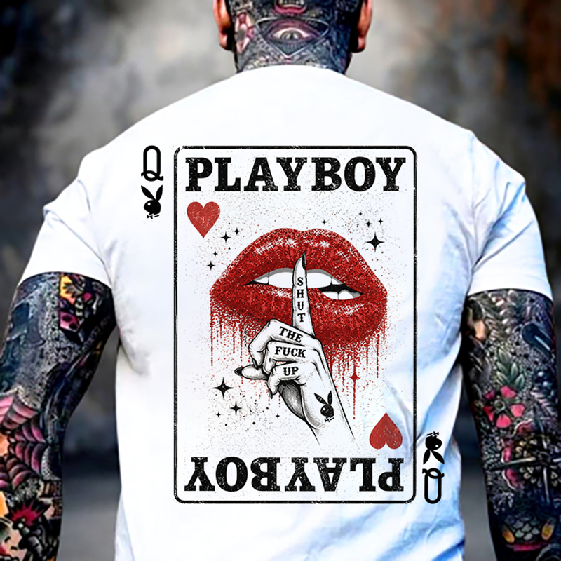 Poker PB Queen of Hearts Glitter Red Lips Rabbit Head Distressed Effect Print Men's T-shirt