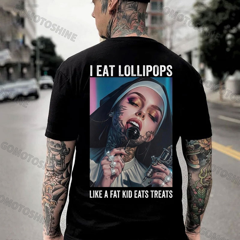 I EAT LOLLIPOPS LIKE A FAT KID EATS TREATS Gothic Tattoo Nun Print Men's T-shirt Image - 1