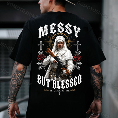 MESSY BUT BLESSED TRY JESUS NOT ME Military Gothic Nun Print Men's T-Shirt Image - 5