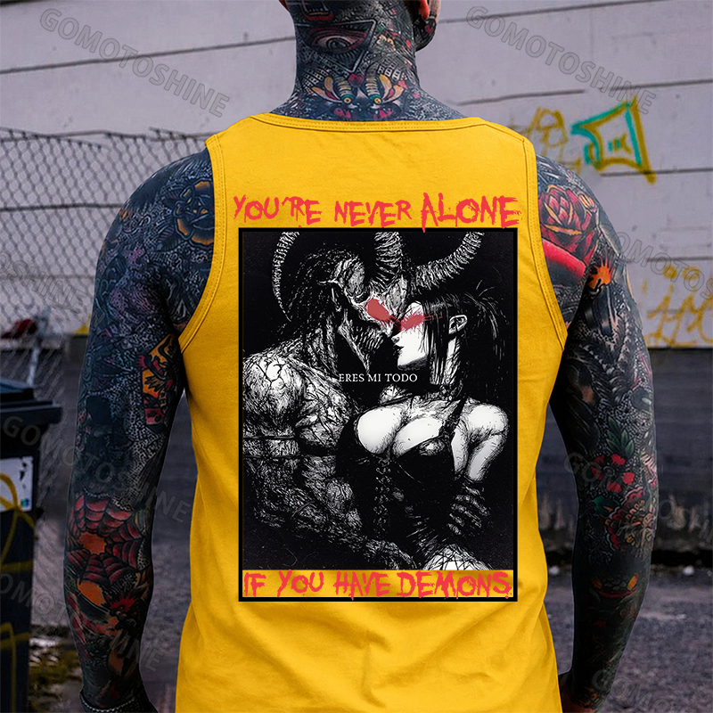 YOU'RE NEVER ALONE IF YOU HAVE DEMONS Skeleton Devil And Sexy Woman Print Men's Tank Image - 4