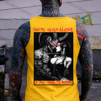 YOU'RE NEVER ALONE IF YOU HAVE DEMONS Skeleton Devil And Sexy Woman Print Men's Tank Image - 4