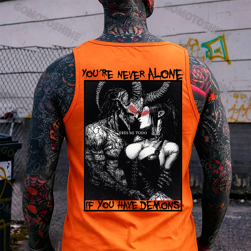 YOU'RE NEVER ALONE IF YOU HAVE DEMONS Skeleton Devil And Sexy Woman Print Men's Tank Image - 3