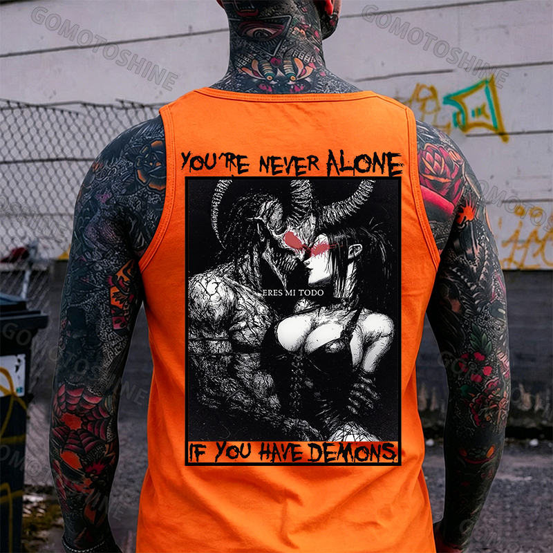 YOU'RE NEVER ALONE IF YOU HAVE DEMONS Skeleton Devil And Sexy Woman Print Men's Tank Image - 3