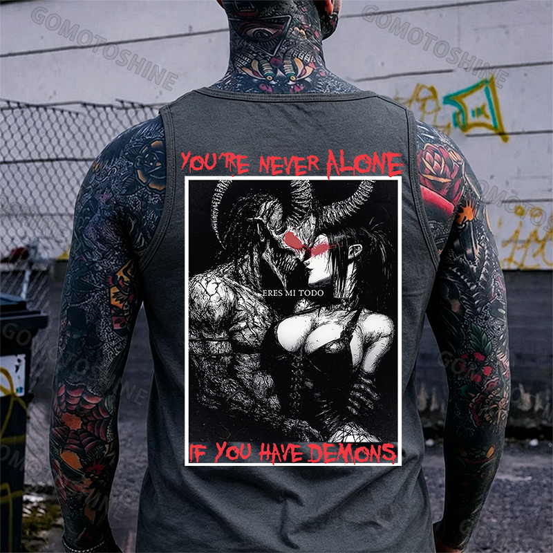 YOU'RE NEVER ALONE IF YOU HAVE DEMONS Skeleton Devil And Sexy Woman Print Men's Tank Image - 5