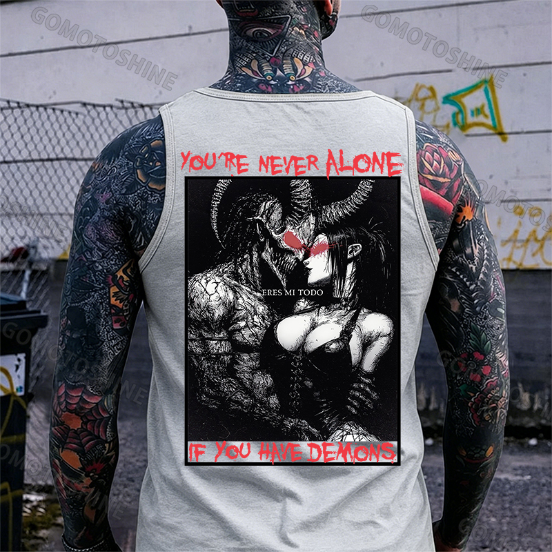 YOU'RE NEVER ALONE IF YOU HAVE DEMONS Skeleton Devil And Sexy Woman Print Men's Tank Image - 6