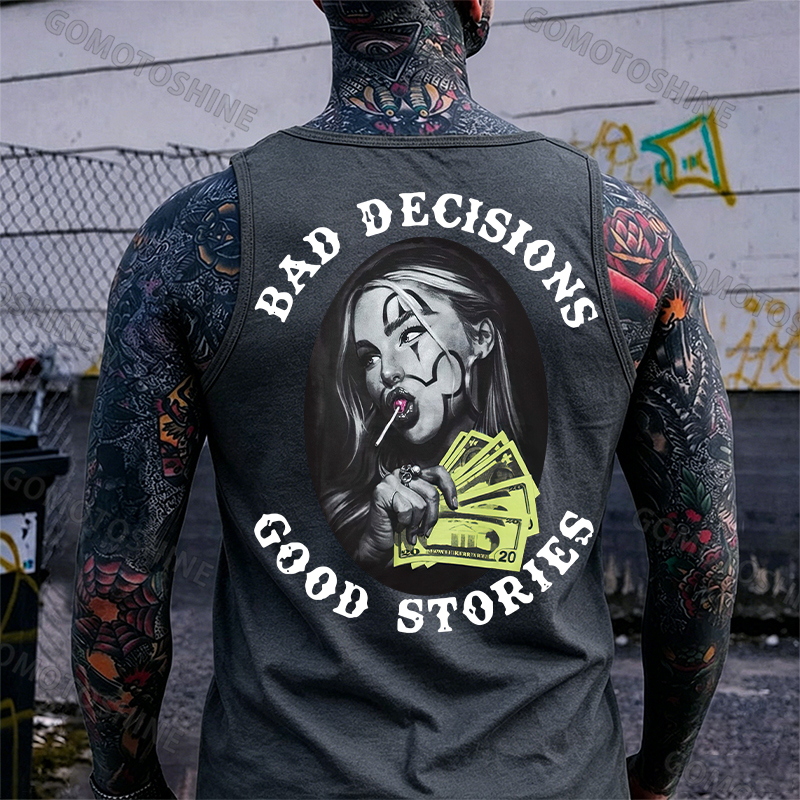 BAD DECISIONS GOOD STORIES Rich Joker Girl Print Men's Tank Image - 4