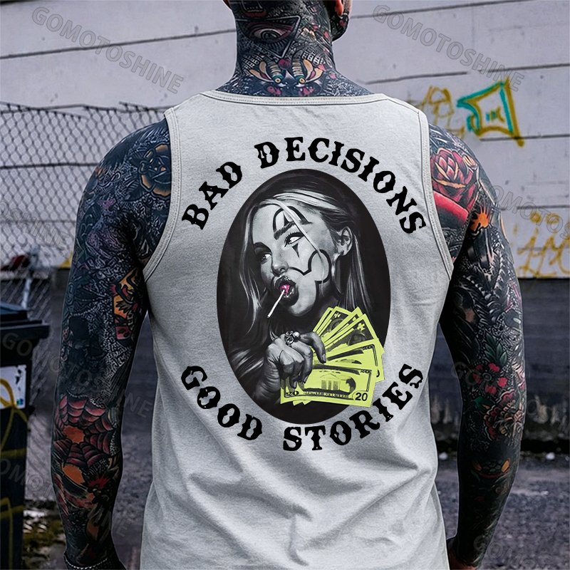 BAD DECISIONS GOOD STORIES Rich Joker Girl Print Men's Tank Image - 6