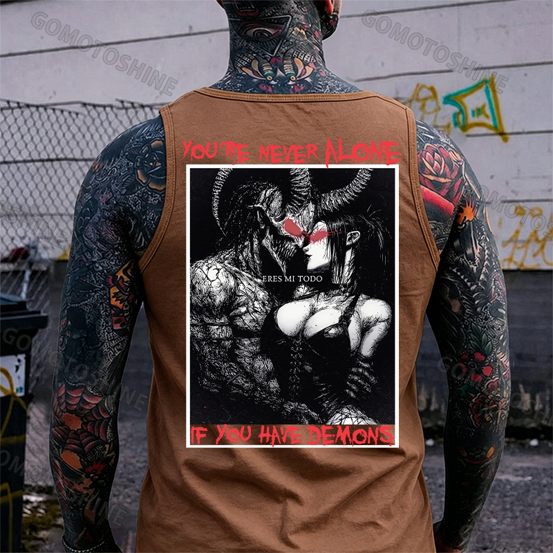 YOU'RE NEVER ALONE IF YOU HAVE DEMONS Skeleton Devil And Sexy Woman Print Men's Tank Image - 8