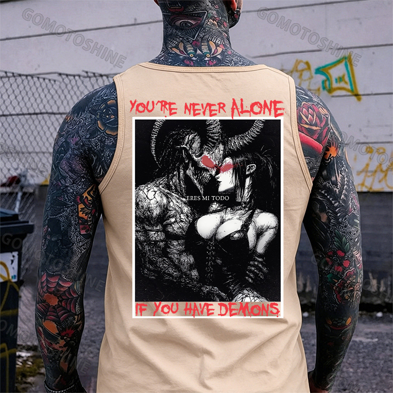 YOU'RE NEVER ALONE IF YOU HAVE DEMONS Skeleton Devil And Sexy Woman Print Men's Tank Image - 9
