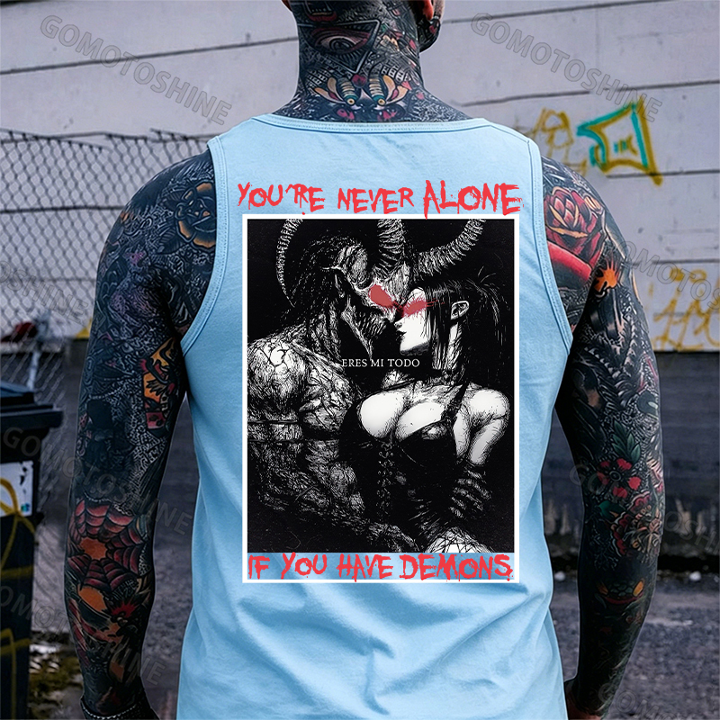 YOU'RE NEVER ALONE IF YOU HAVE DEMONS Skeleton Devil And Sexy Woman Print Men's Tank Image - 10