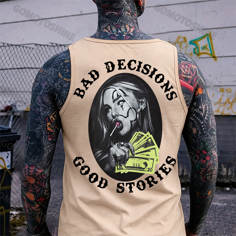 BAD DECISIONS GOOD STORIES Rich Joker Girl Print Men's Tank Image - 7