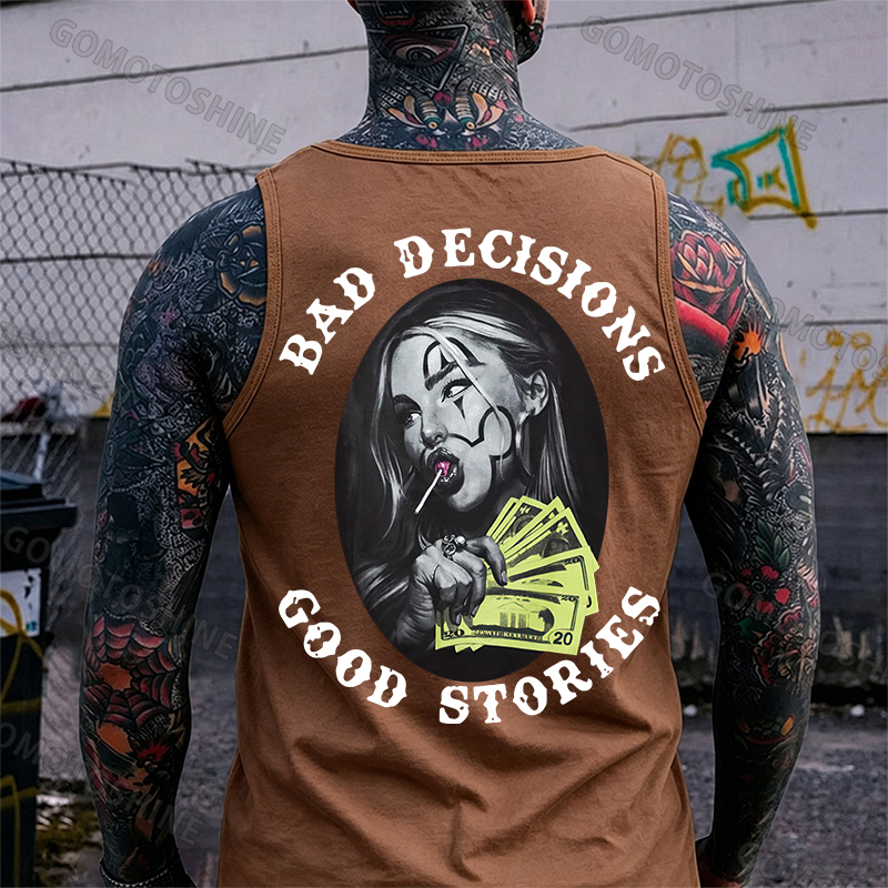 BAD DECISIONS GOOD STORIES Rich Joker Girl Print Men's Tank Image - 8