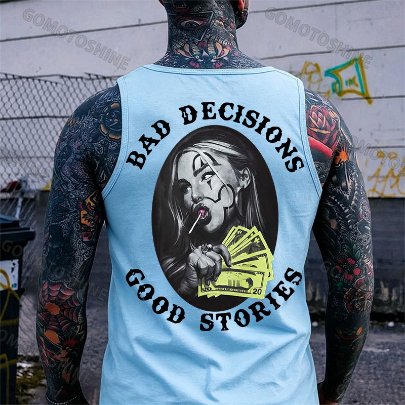 BAD DECISIONS GOOD STORIES Rich Joker Girl Print Men's Tank Image - 9