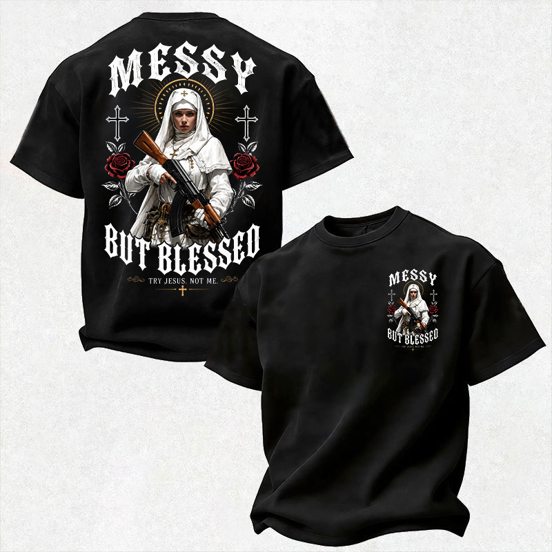 MESSY BUT BLESSED TRY JESUS NOT ME Military Gothic Nun Print Men's T-Shirt Image - 1