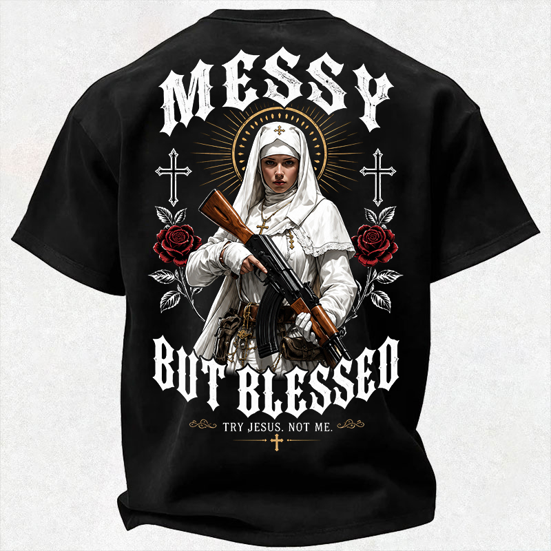MESSY BUT BLESSED TRY JESUS NOT ME Military Gothic Nun Print Men's T-Shirt Image - 3