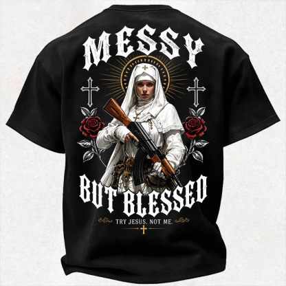 MESSY BUT BLESSED TRY JESUS NOT ME Military Gothic Nun Print Men's T-Shirt Image - 3