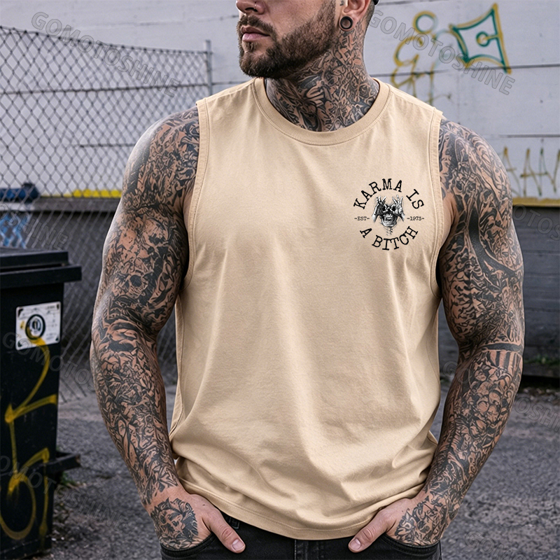 KARMA IS A BITCH Skull With OK Print Men's Vest Image - 5