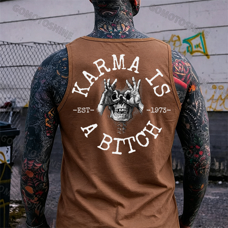 KARMA IS A BITCH Skull With OK Print Men's Vest Image - 13
