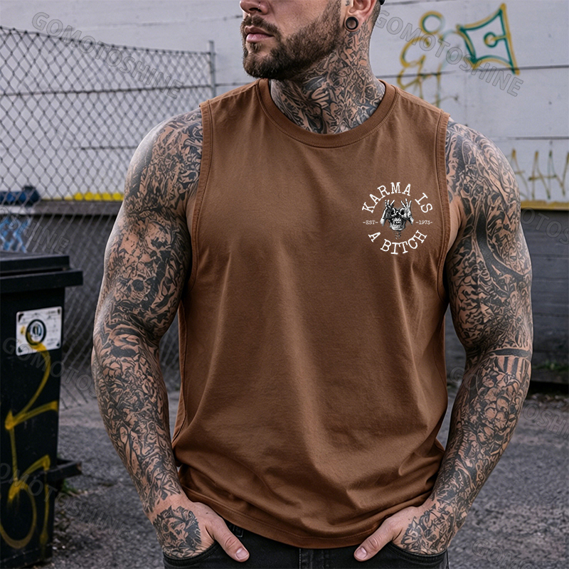 KARMA IS A BITCH Skull With OK Print Men's Vest Image - 14