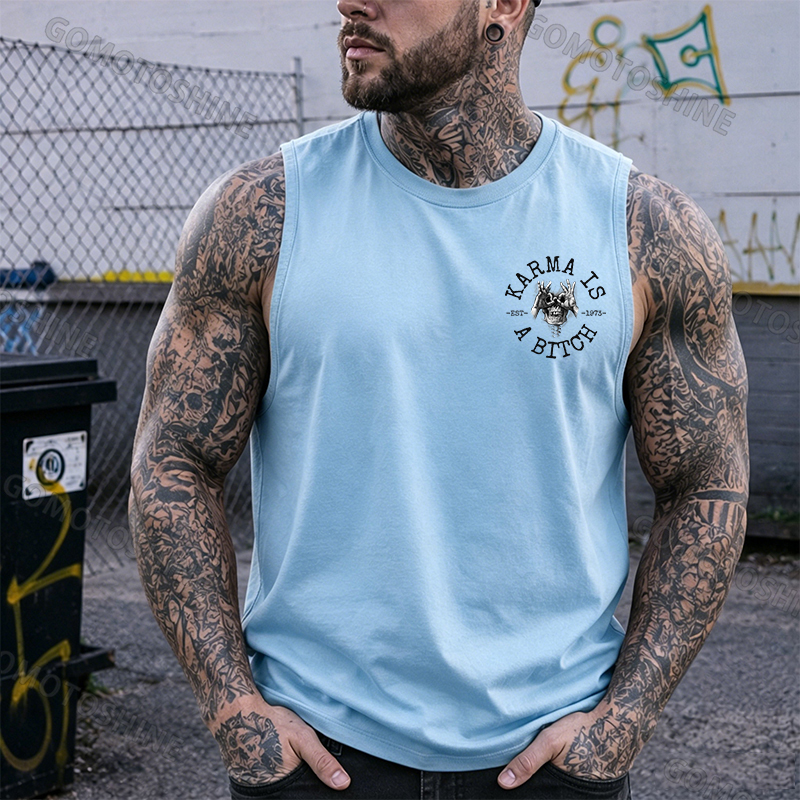 KARMA IS A BITCH Skull With OK Print Men's Vest Image - 18