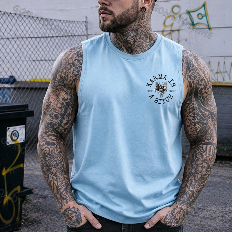KARMA IS A BITCH Skull With OK Print Men's Vest Image - 18