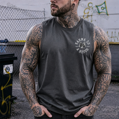 KARMA IS A BITCH Skull With OK Print Men's Vest Image - 19