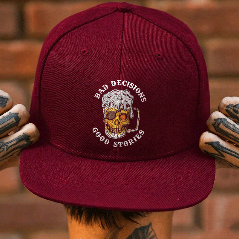 BAD DECISIONS GOOD STORIES Skull Beer Fashion Cap Image - 1