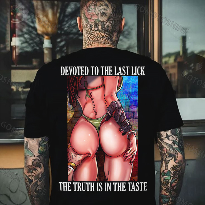 DEVOTED TO THE LAST LICK THE TRUTH IS IN THE TASTE Risqué Suggestive Adult Comic Art Print Men's T-Shirt Image - 1