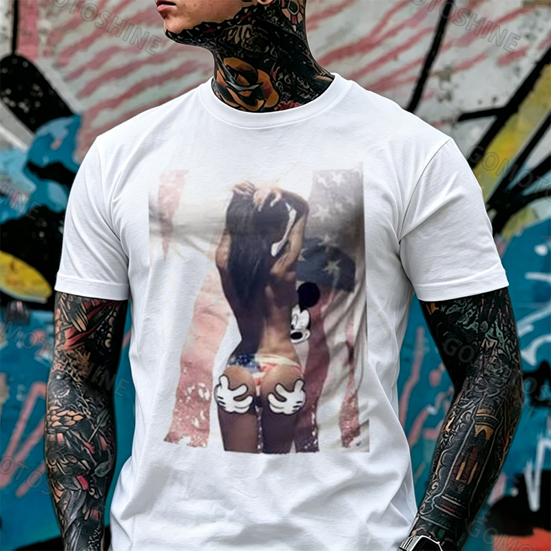 American Patriotism Mouse & Bikini Sexy Girl Print Men's T-Shirt