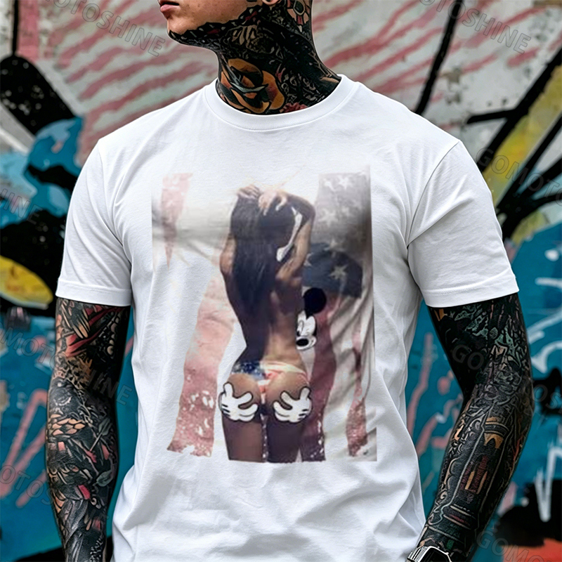 American Patriotism Mouse & Bikini Sexy Girl Print Men's T-Shirt