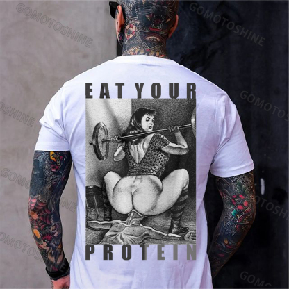 EAT YOUR PROTEIN Barbell Squat Double Entendre Erotica Adult Humor Print Men's T-Shirt Image - 1