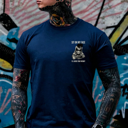 SIT ON MY FACE I’LL GUESS YOUR WEIGHT Sensual Dark Humor Erotic Graphic Skeleton & Sexy Girl Print Men's T-shirt Image - 5