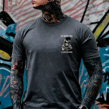 SIT ON MY FACE I’LL GUESS YOUR WEIGHT Sensual Dark Humor Erotic Graphic Skeleton & Sexy Girl Print Men's T-shirt Image - 10
