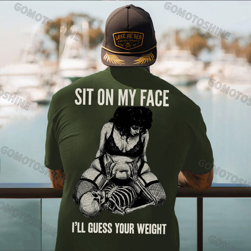 SIT ON MY FACE I’LL GUESS YOUR WEIGHT Sensual Dark Humor Erotic Graphic Skeleton & Sexy Girl Print Men's T-shirt Image - 9