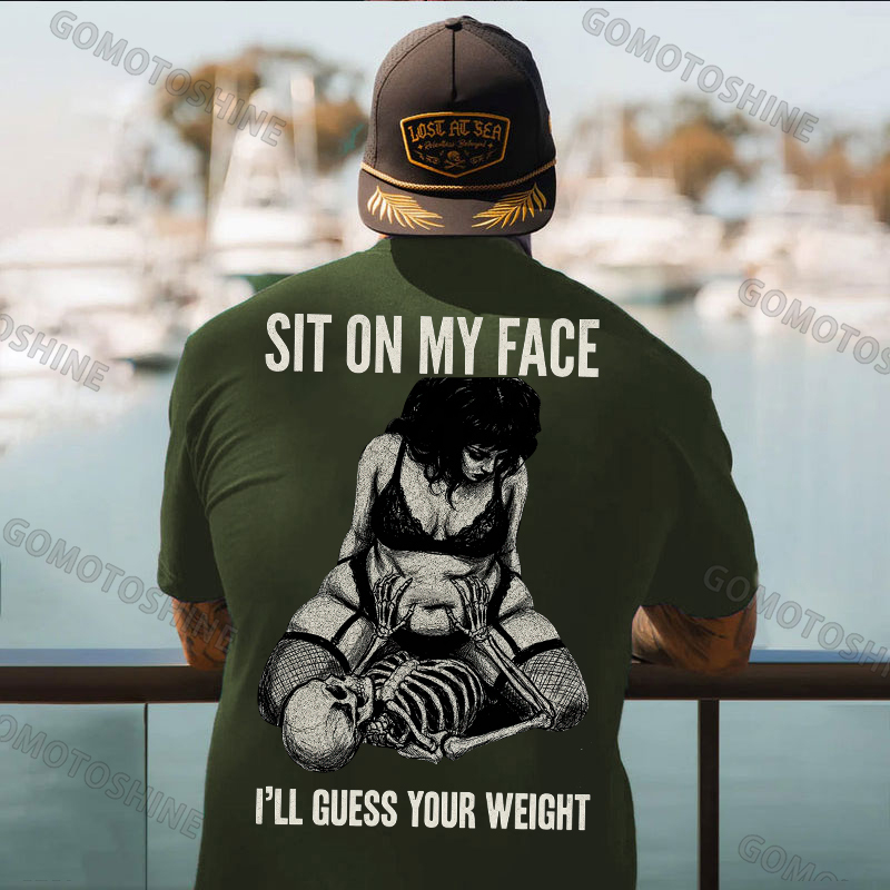 SIT ON MY FACE I’LL GUESS YOUR WEIGHT Sensual Dark Humor Erotic Graphic Skeleton & Sexy Girl Print Men's T-shirt Image - 9