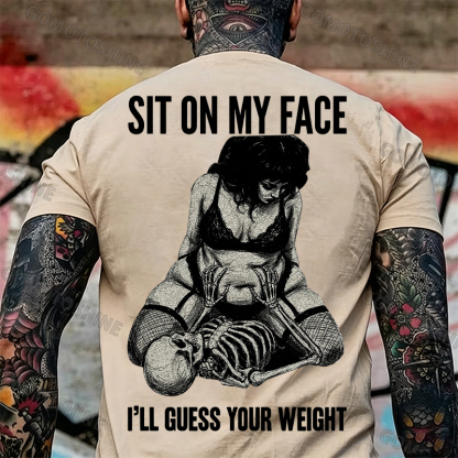 SIT ON MY FACE I’LL GUESS YOUR WEIGHT Sensual Dark Humor Erotic Graphic Skeleton & Sexy Girl Print Men's T-shirt Image - 14