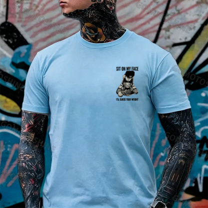 SIT ON MY FACE I’LL GUESS YOUR WEIGHT Sensual Dark Humor Erotic Graphic Skeleton & Sexy Girl Print Men's T-shirt Image - 17