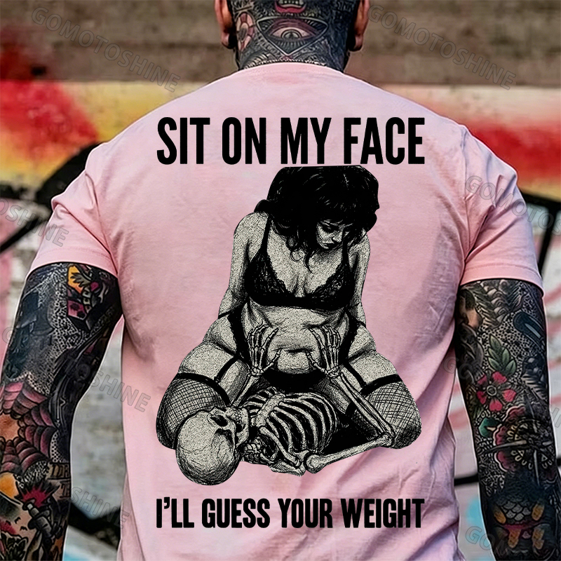 SIT ON MY FACE I’LL GUESS YOUR WEIGHT Sensual Dark Humor Erotic Graphic Skeleton & Sexy Girl Print Men's T-shirt Image - 18