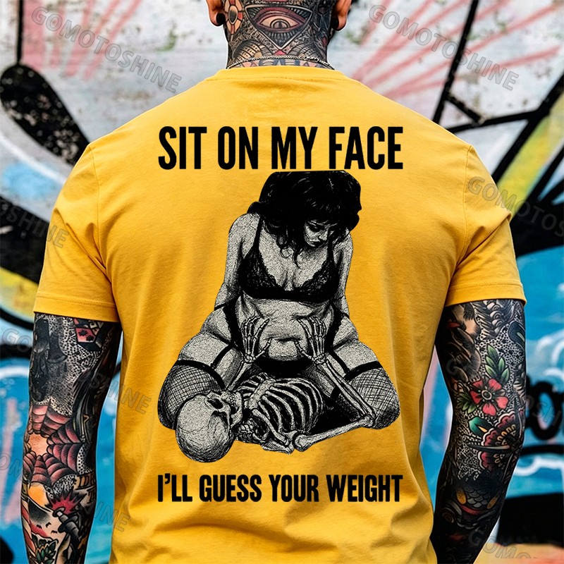 SIT ON MY FACE I’LL GUESS YOUR WEIGHT Sensual Dark Humor Erotic Graphic Skeleton & Sexy Girl Print Men's T-shirt Image - 23